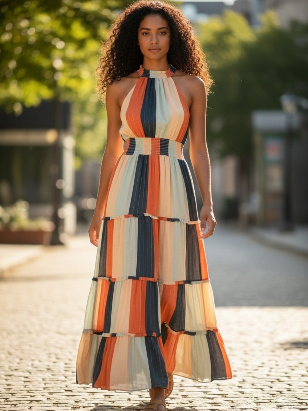 FARM Rio Colorblocked Halter Tiered Maxi Dress Size XS Lined - Picture 1 of 11
